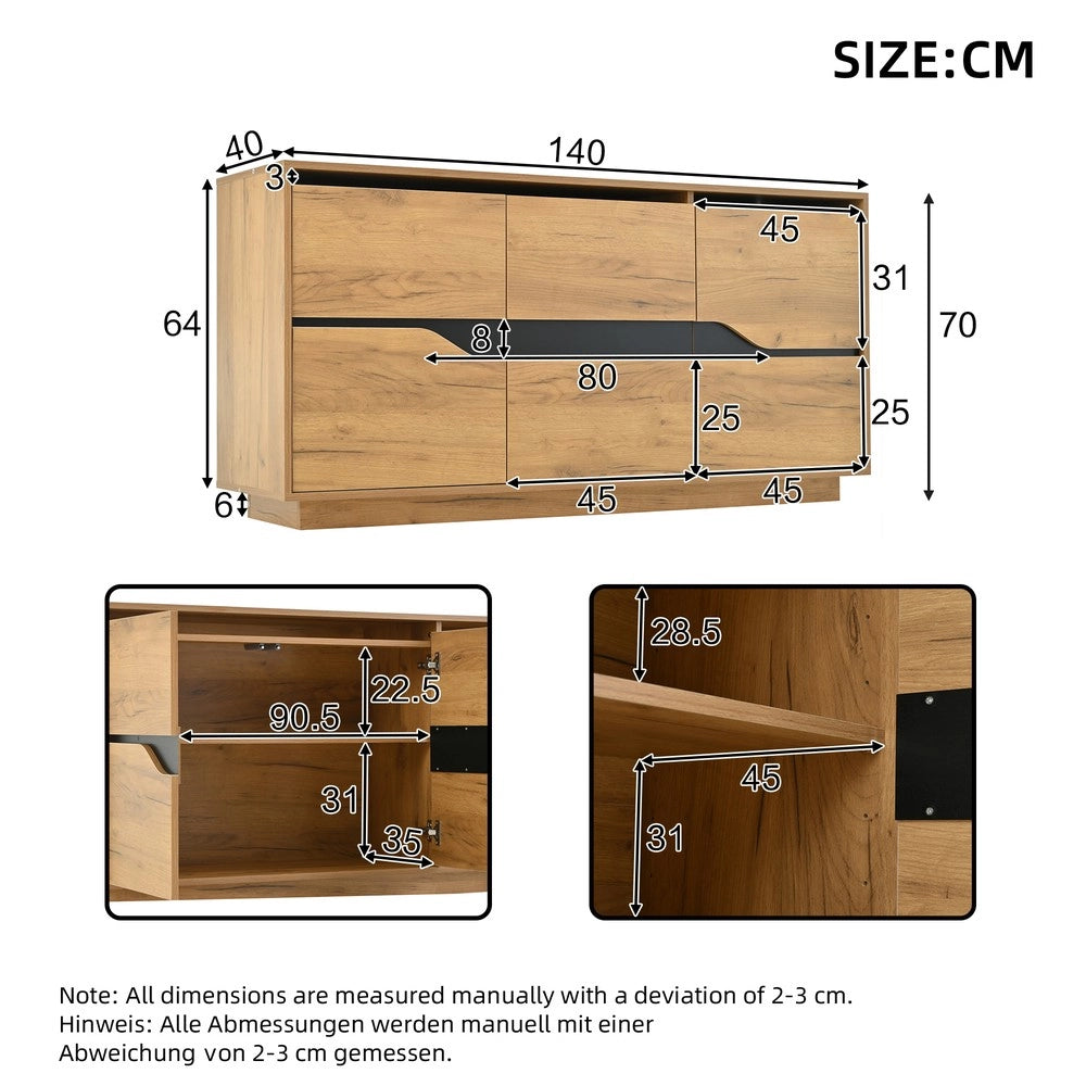 Credenza con 3 Ante e Ripiani ¨C MINIMAL ¨C Legno e Nero, 140x40x70 cm