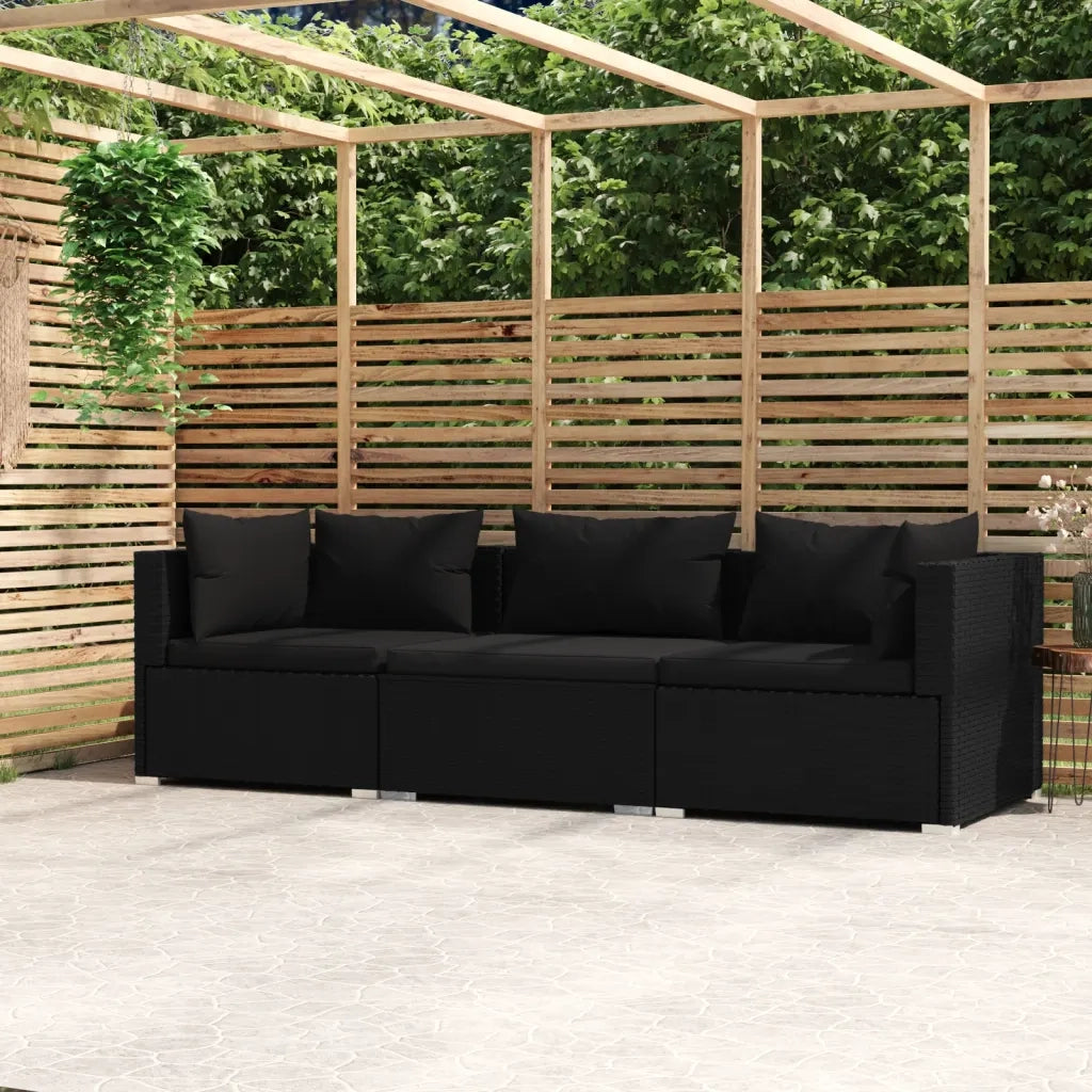 Divano a 3 Posti con Cuscini-Sofa 3 Posti con Cuscini in Polyrattan Nero