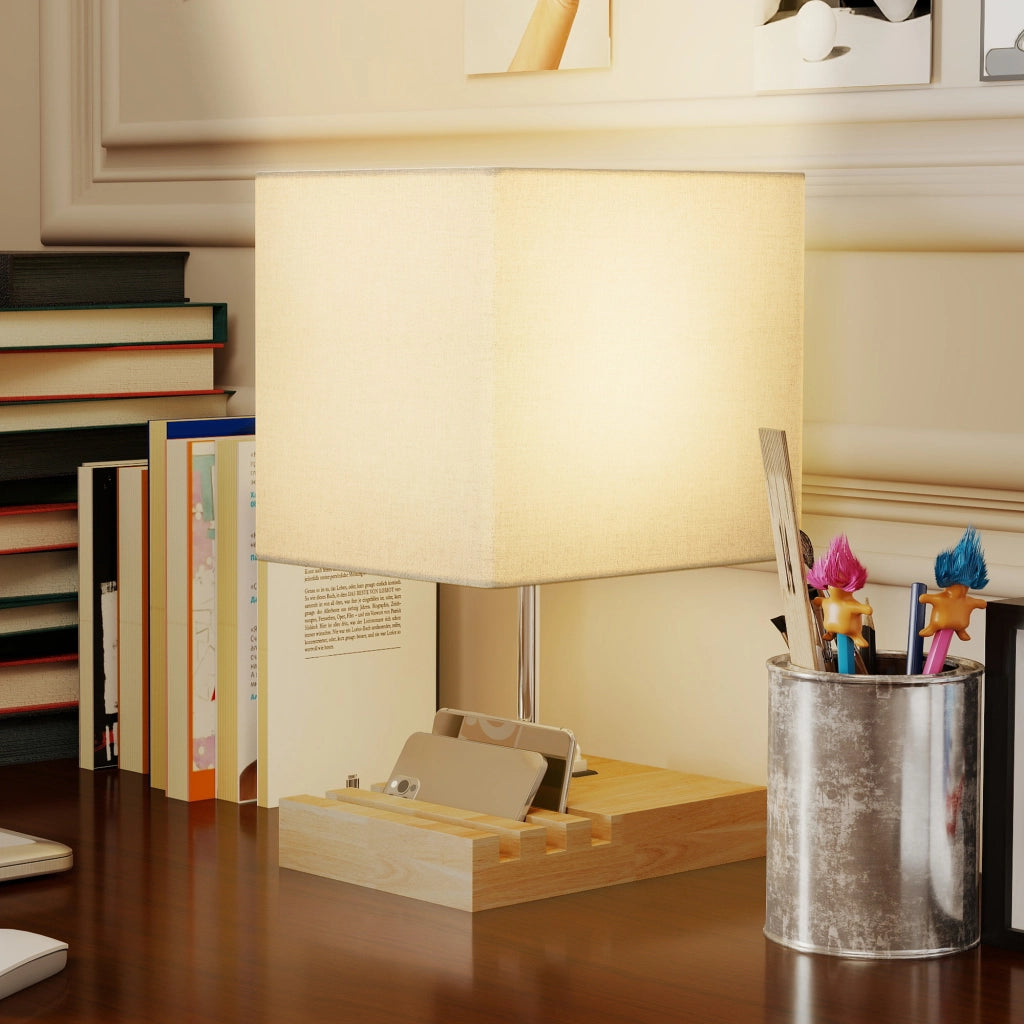 Comodino con Lampada e USB ¨C Minimal ¨C Legno Bianco 40x40x50