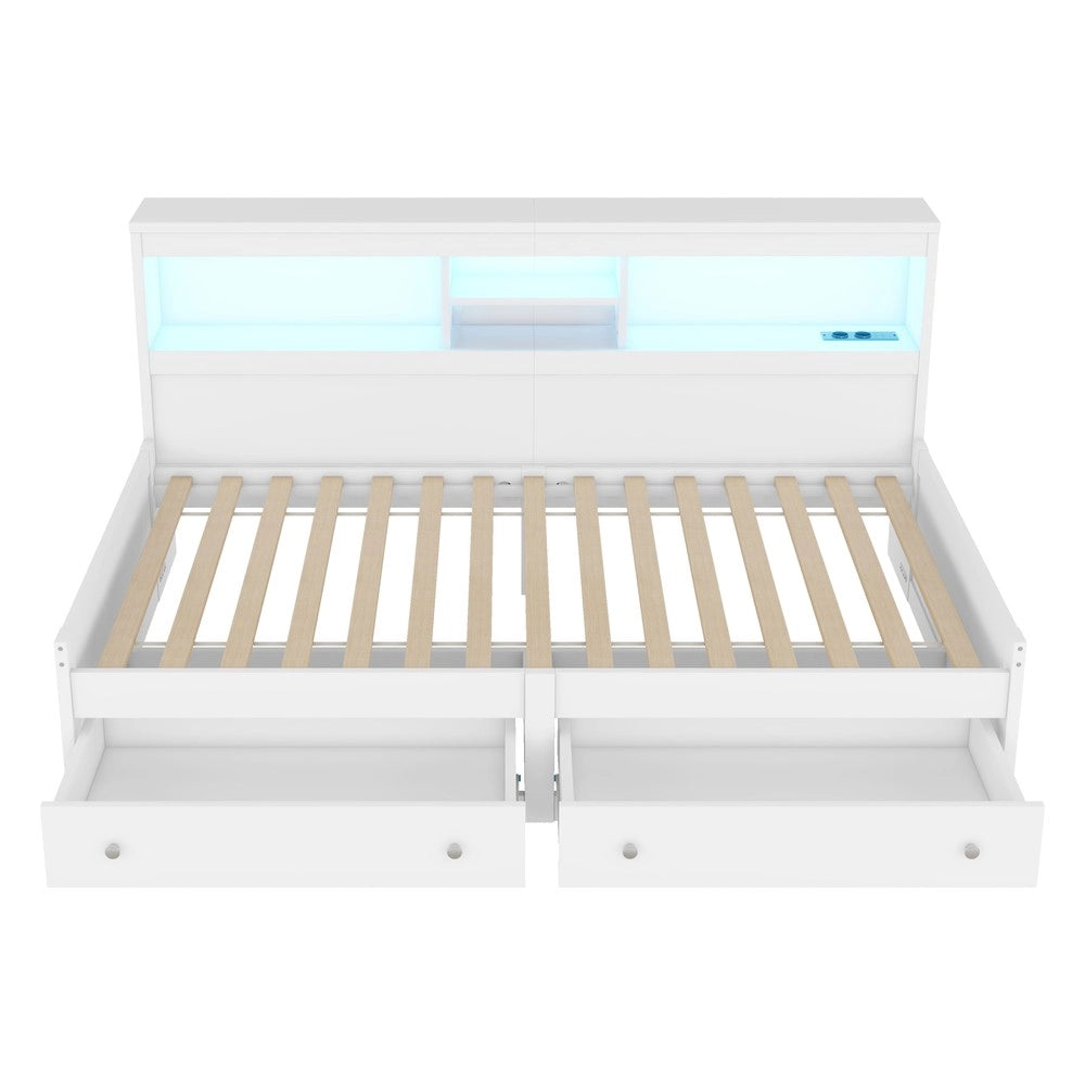 Letto Singolo con Divano, Comodino, LED e Cassetti ¨C MINIMAL ¨C Bianco 90x200