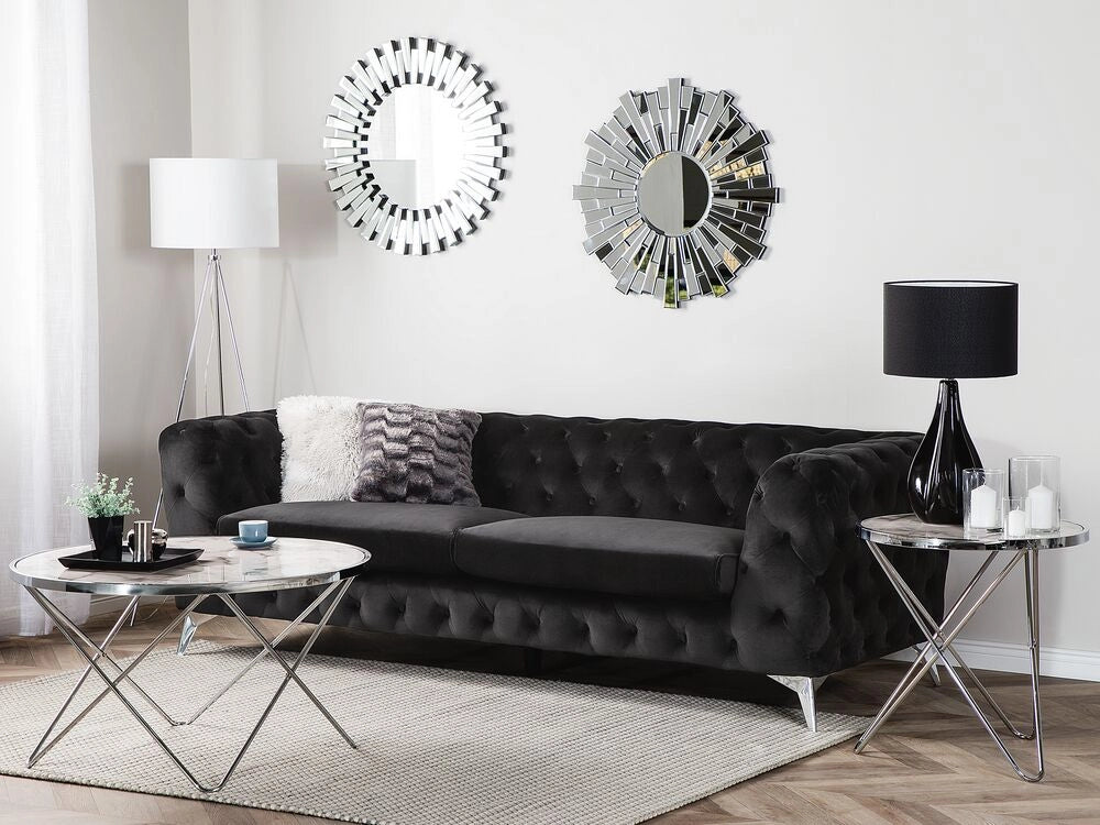 Divano a 3 posti in velluto Nero stile Chesterfield con schienale basso