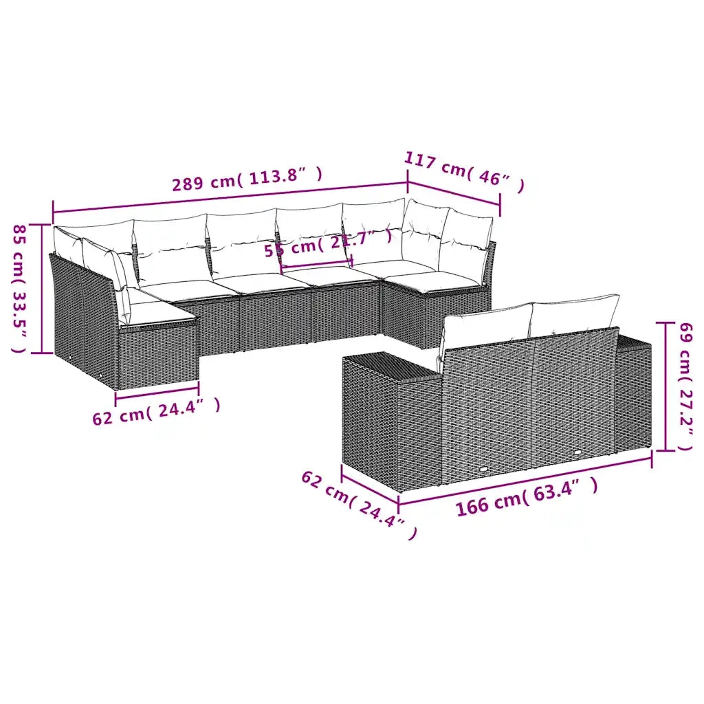 Set Divani da Giardino 9pz con Cuscini Marrone in Polyrattan 3223022