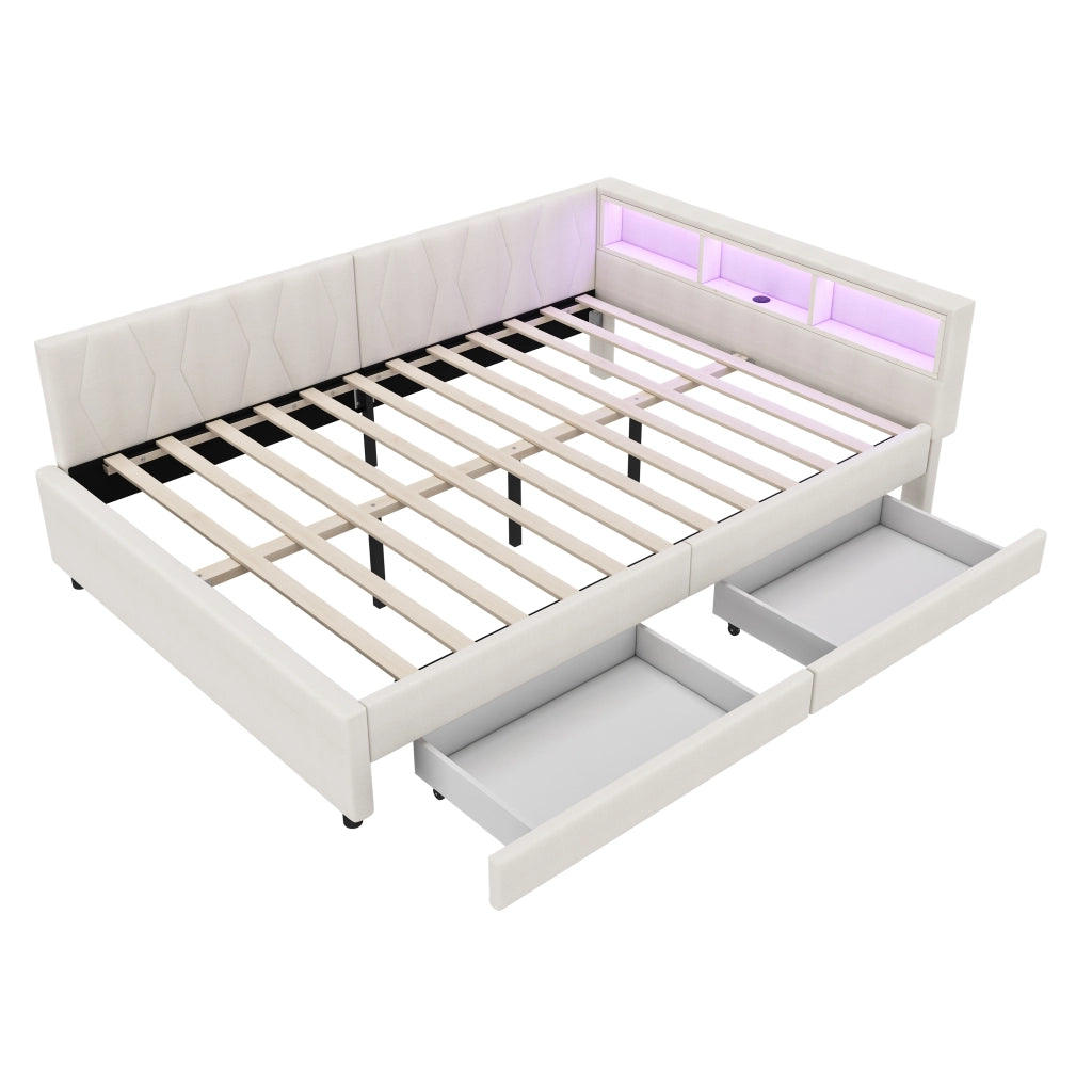 Letto Divano con Cassetti, LED e USB ¨C MINIMAL ¨C Tessuto Beige 140x200