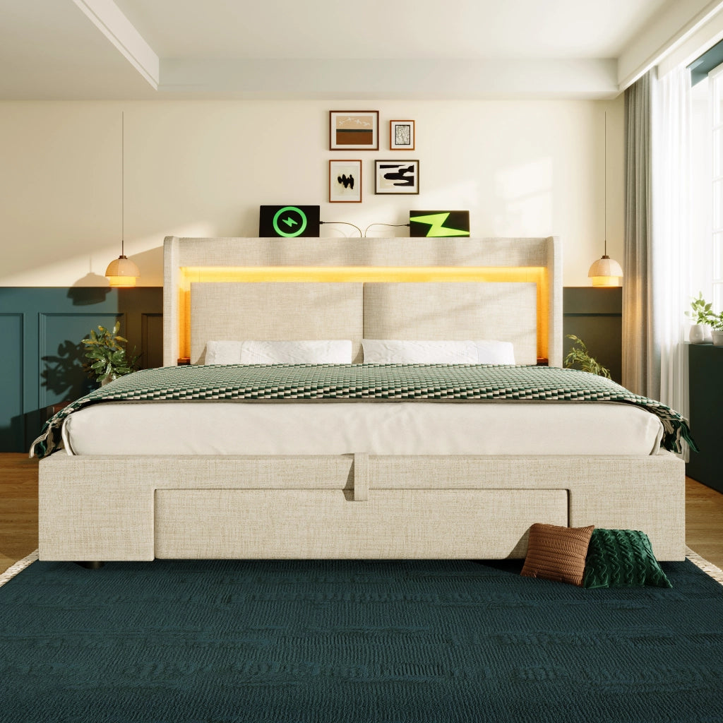 Letto imbottito 140x200 idraulico LED USB/Type-C lino beige