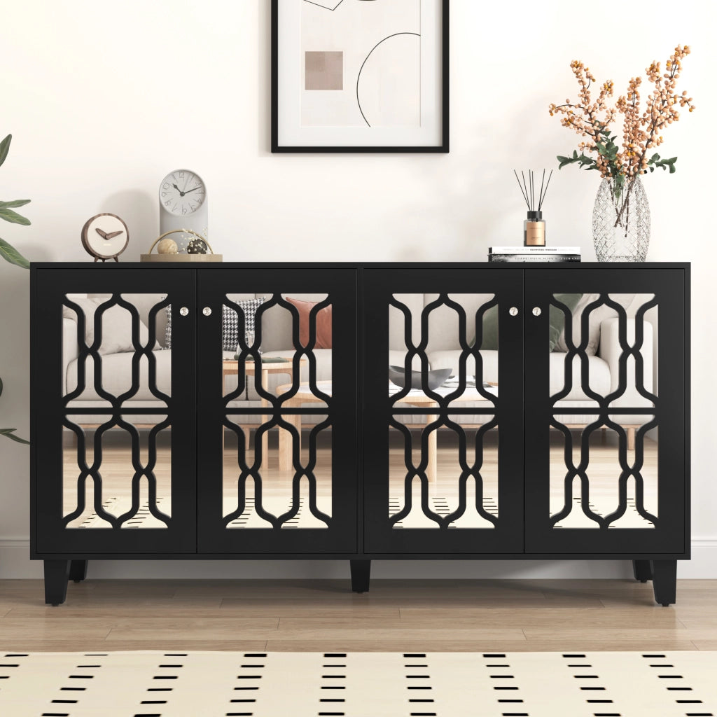 Credenza a 4 Ante con Specchio ¨C MINIMAL ¨C Nero, 160x40x84 cm