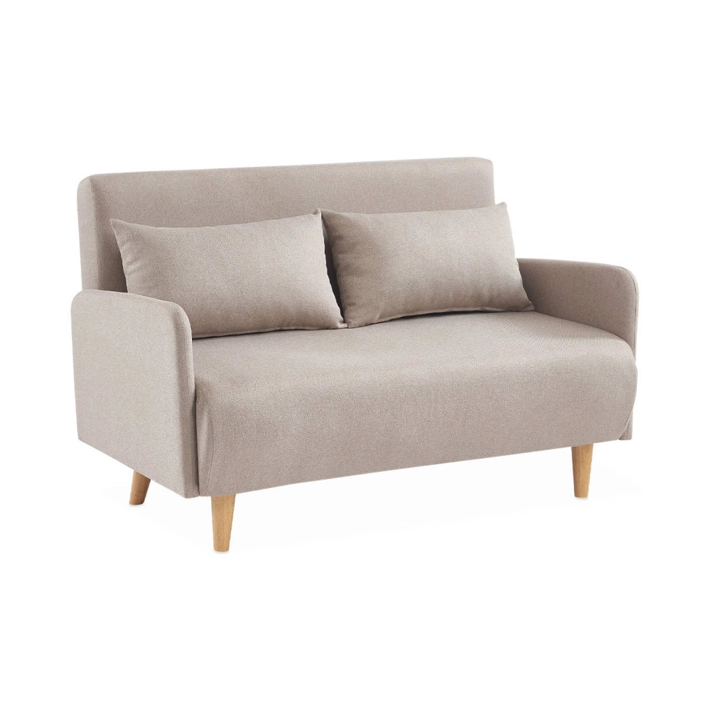 Divano letto clic-clac in tessuto con gambe in legno, 2 posti, beige