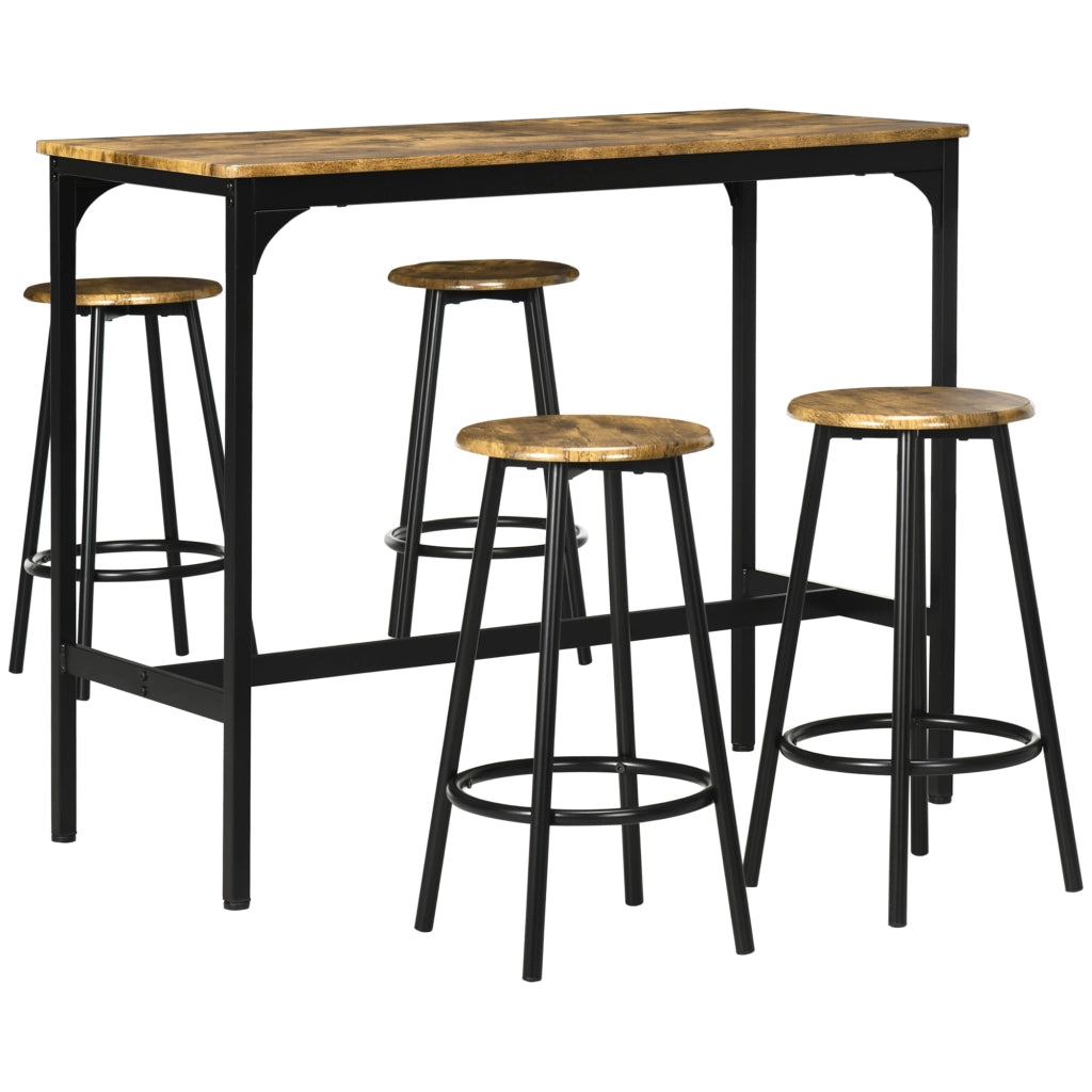 Set da Bar 5 pezzi con Tavolo alto e 4 Sgabelli Stile Industriale, Marrone e Nero