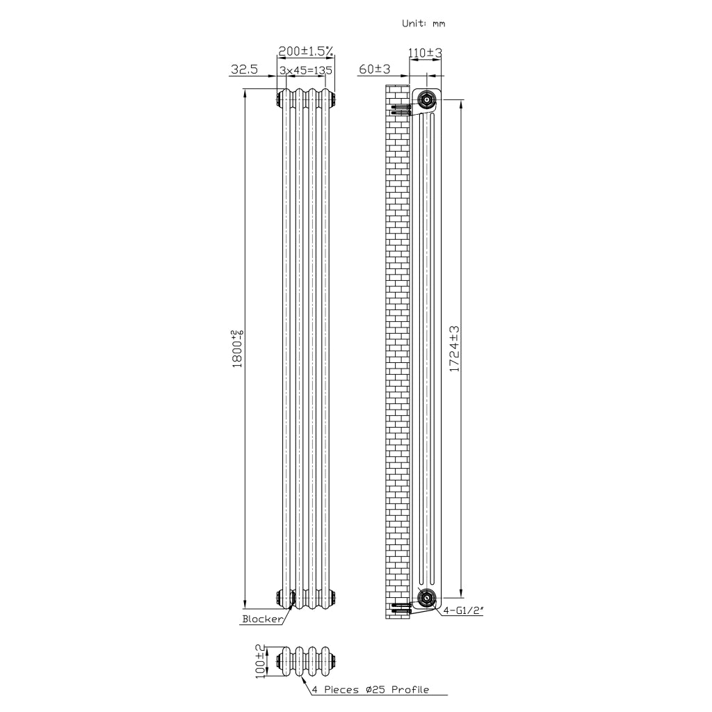 Radiatore 3 Colonne Verticale Metallo Grezzo 1800x200 mm
