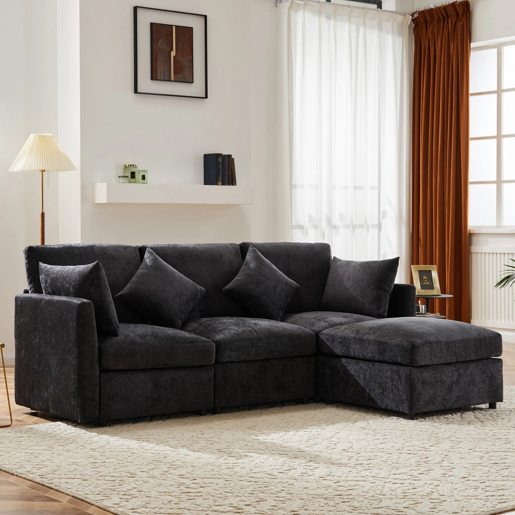 Divano angolare L convertibile in 3 posti - Zephmum- Grigio con cuscini in chenille e pouf mobile