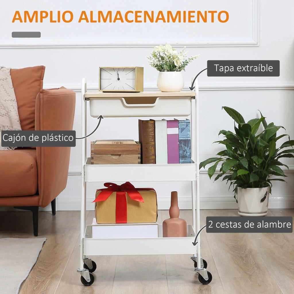 Carrello Multiuso con Cassetto e Cestini ¨C Minimal ¨C 44x31x76 cm Bianco