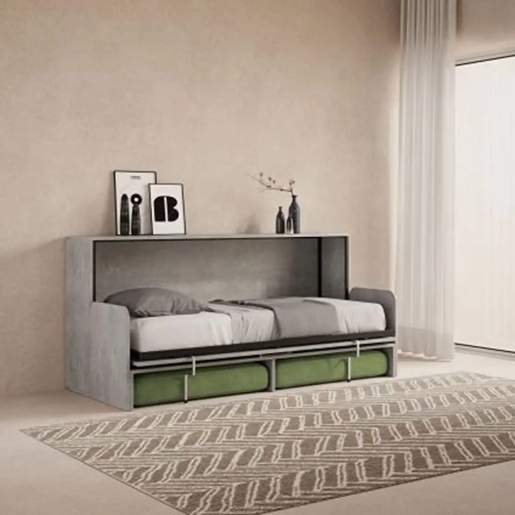 Letto singolo a scomparsa Kando con divano cemento, verde