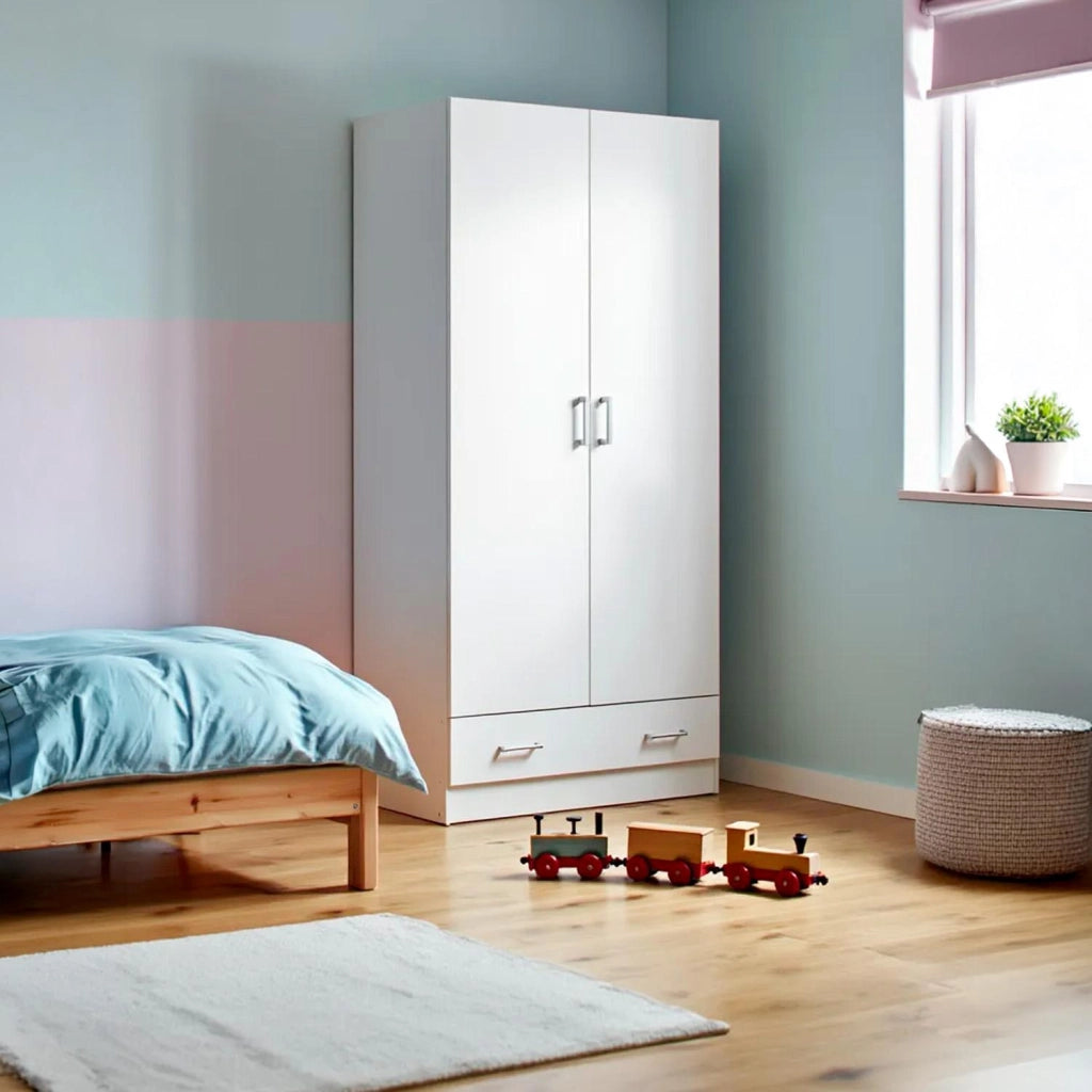 Armadio Multiuso Design Moderno Con 2 Ante E 1 Cassetto Salvaspazio Con Ripiani Interni E Vano Contenitore Per Camera Da Letto O Ingresso 79.4 X 35.7 X 170.4 Cm Bianco