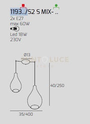 SOSP. CROMO 2 LUCI SPOSTABILE VETRI (1 MEDIO TRASPARENTE+1 GRANDE FUME') 1193CR-S2 S MIX-TF