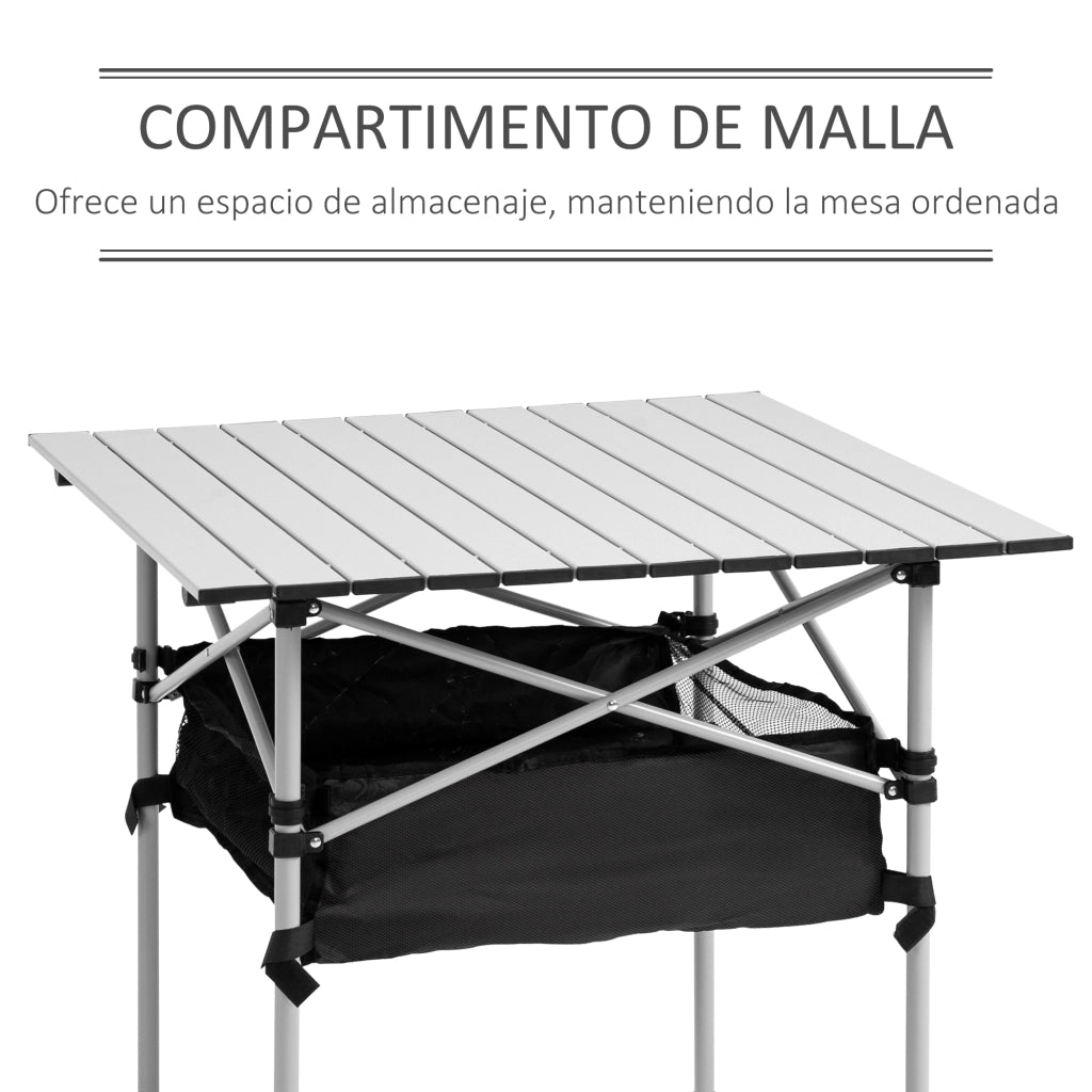 Tavolo da campeggio pieghevole con rete portaoggetti e borsa trasporto ¨C Xylo ¨C 70x70x69 cm argento
