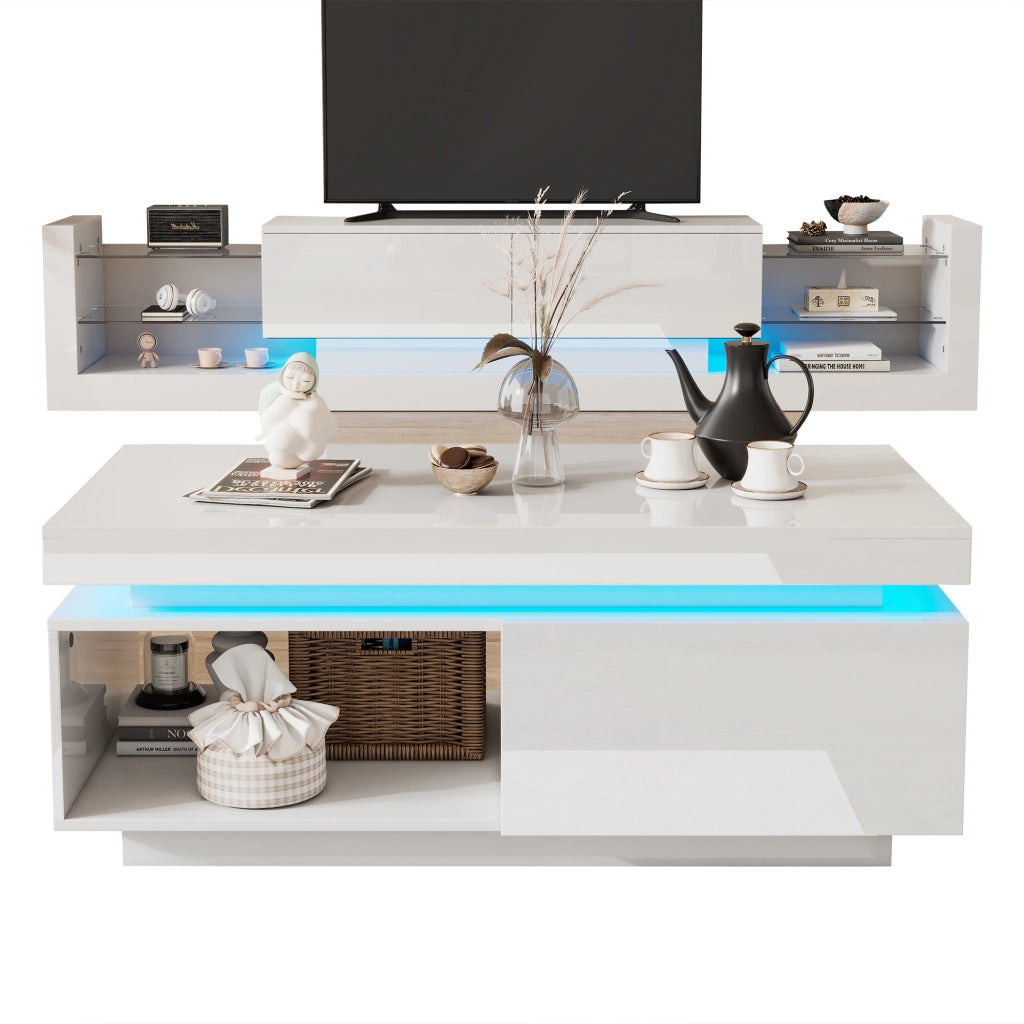 Set TV e tavolino - Zephmum - Bianco lucido