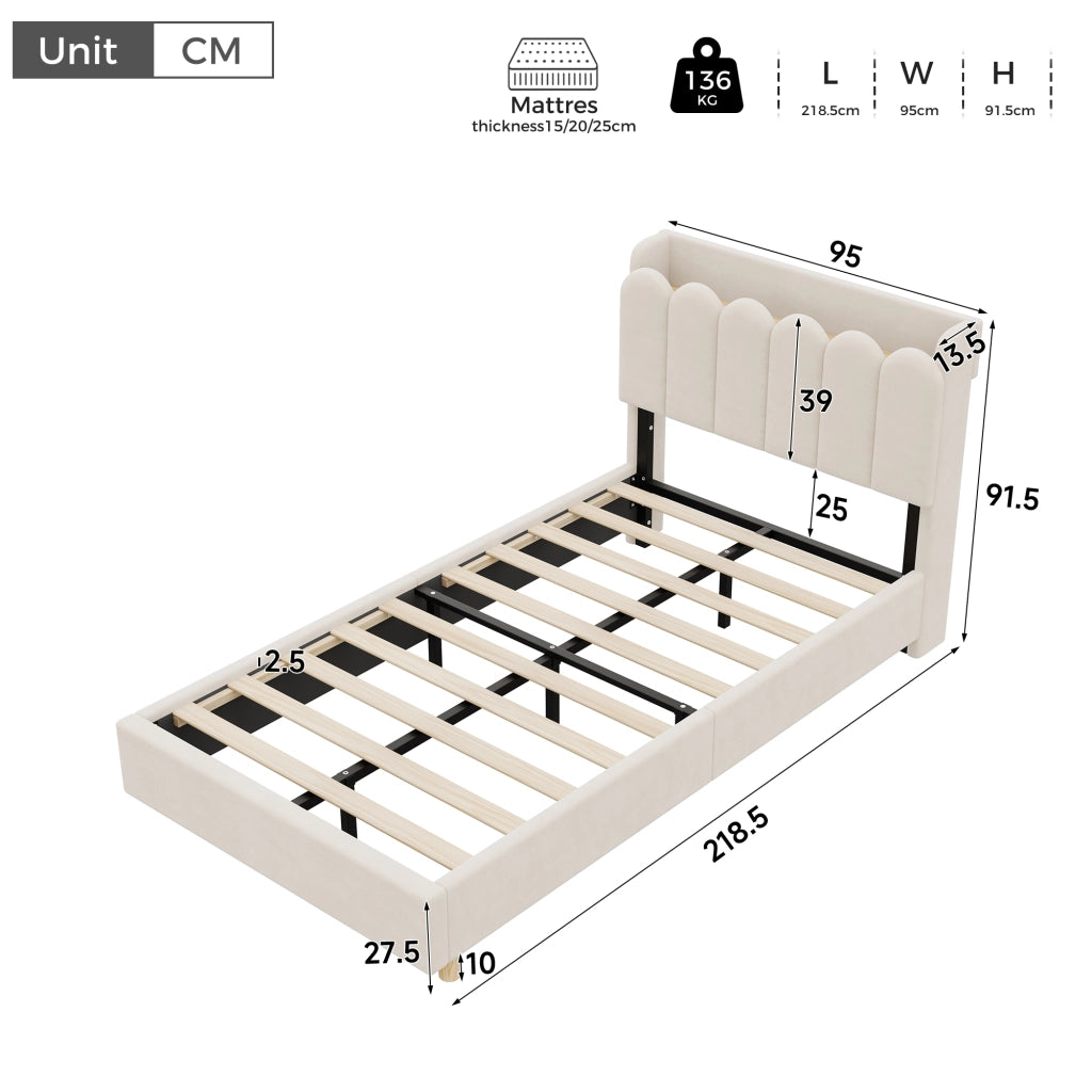 LETTO Singolo 90 x 200 cm in velluto beige con testiera e USB Type-C