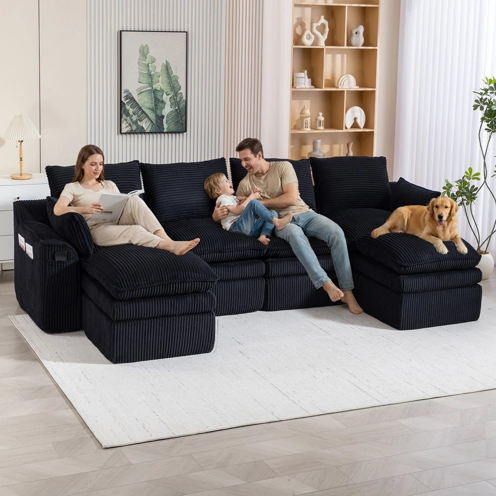 Divano modulare 4 posti - Zephmum- Con pouf e tasche laterali, schiuma 3 strati e molle