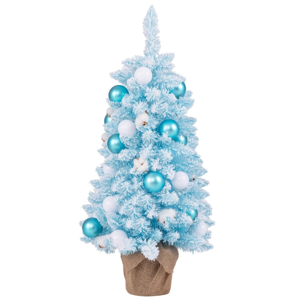 Albero di Natale artificiale mini da 90cm con 12 palline di cotone naturale, Albero da tavolo decorato Blu e bianco-Alberi di Natale
