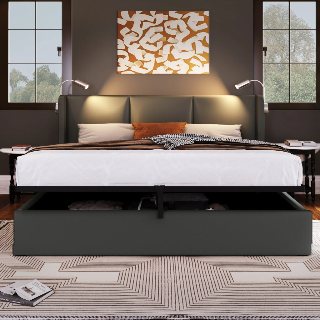 LETTO Contenitore 180x200 cm Grigio in PU con lampada da lettura e USB
