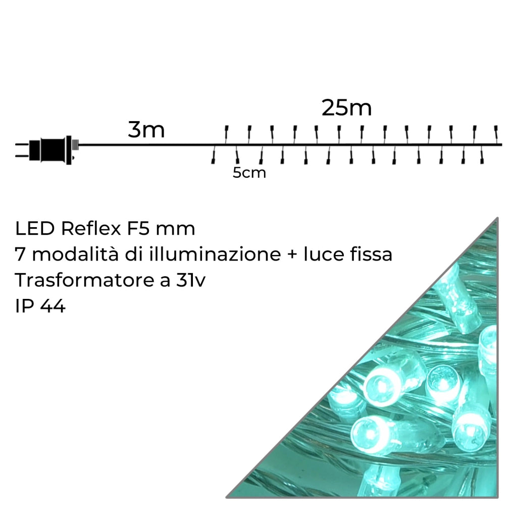 CATENA LED 500 LUCI VERDE ACQUA CAVO TRASPARENTE 25 METRI 8 GIOCHI DI LUCE - IP44 PER INTERNI ED ESTERNI