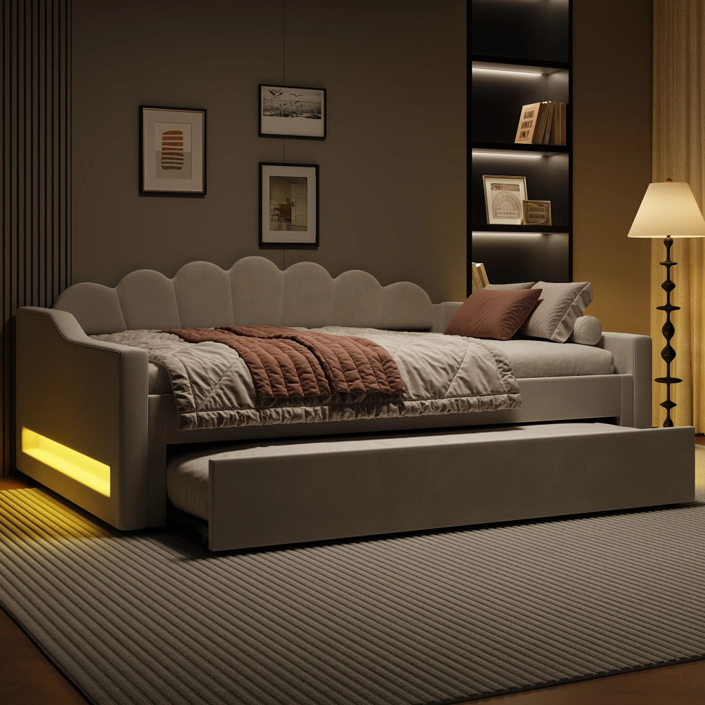 Letto Imbottito con LED e Letto Estraibile ¨C MINIMAL ¨C Beige 140x200