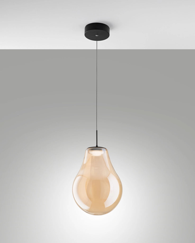 Lampada a sospensione Noa LED 14W 1510lm CCT 2700K-3000K-4000K, dimmerabile a step, struttura in metallo e vetro borosilicato, colore Ambra