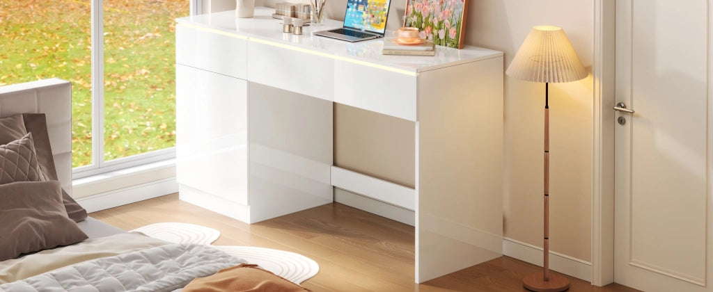 Scrivania lucida con LED, 2 cassetti e 1 vano, per studio e camera da letto, 120 × 50 × 78 cm