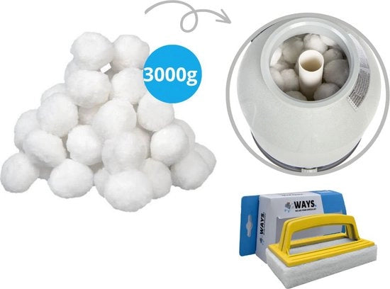Filtro per piscine con palle filtranti da 3000 gram, compatibili con pompe per filtro a sabbia, inclusa spazzola per pulizia WAYS.