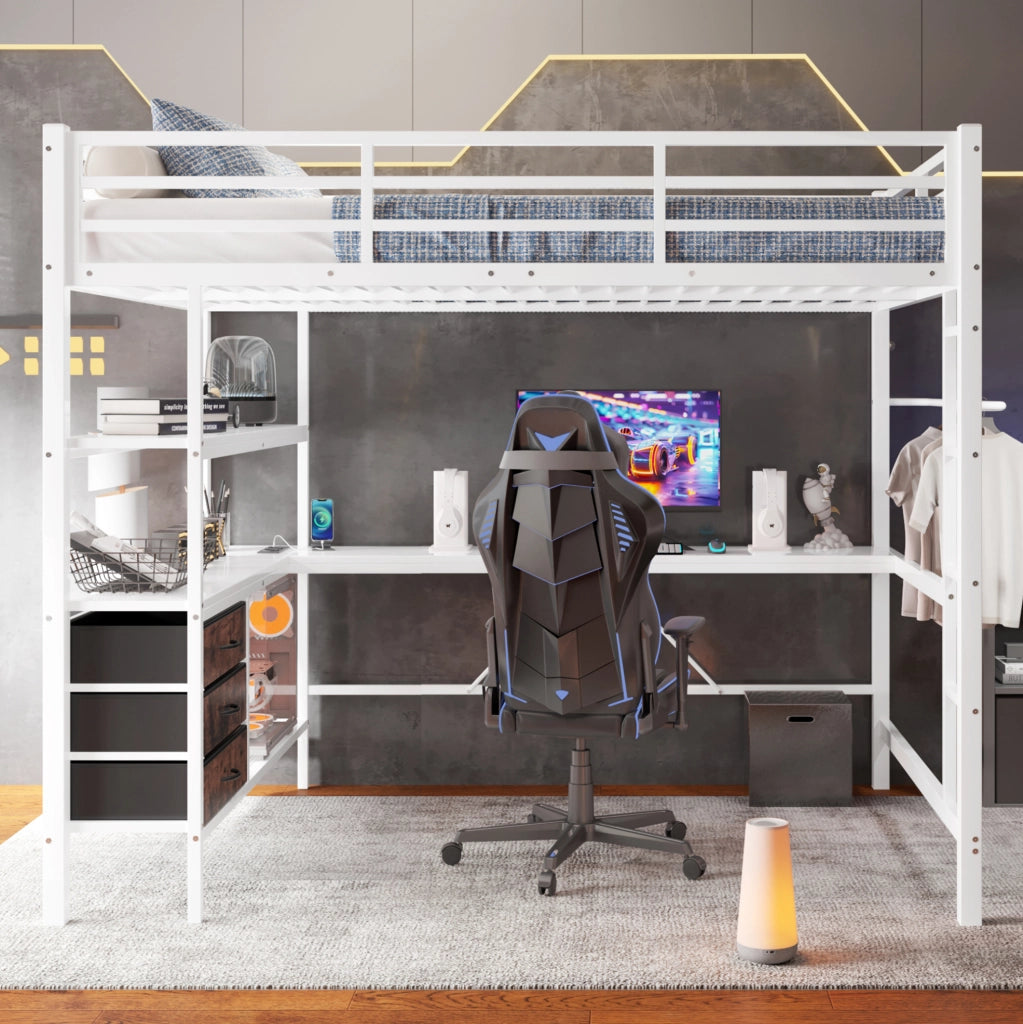 Letto a soppalco 140x200 cm con scrivania, LED, cassetti e presa USB
