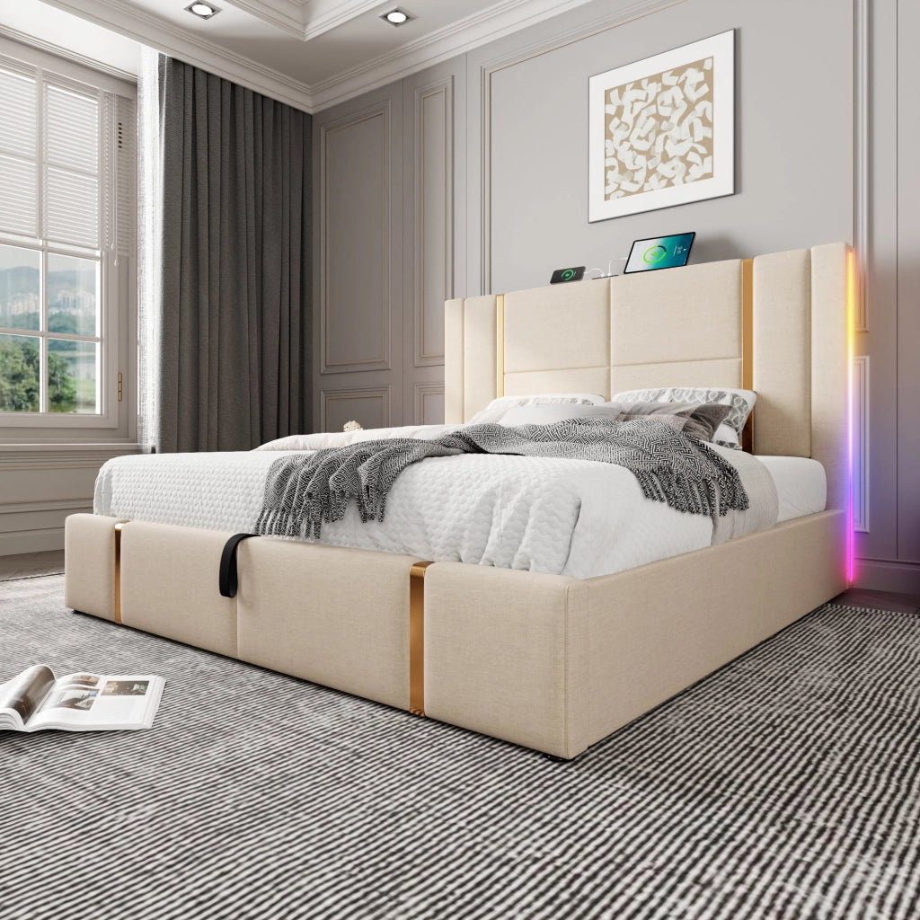 LETTO matrimoniale imbottito 140x200 cm Beige in lino con LED e USB Type-C