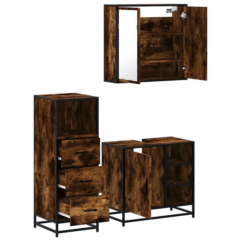 Set Mobili da Bagno 3 pz Rovere Fumo in Legno Multistrato 3301027