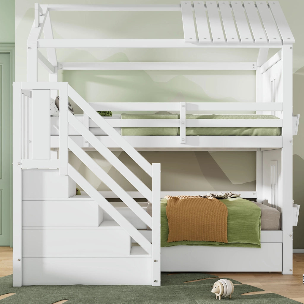 LETTO a castello 90x200 cm bianco con scala contenitore e cassetti