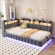 DIVANO LETTO 90x200 cm in velluto grigio con LED, prese USB e vano contenitore