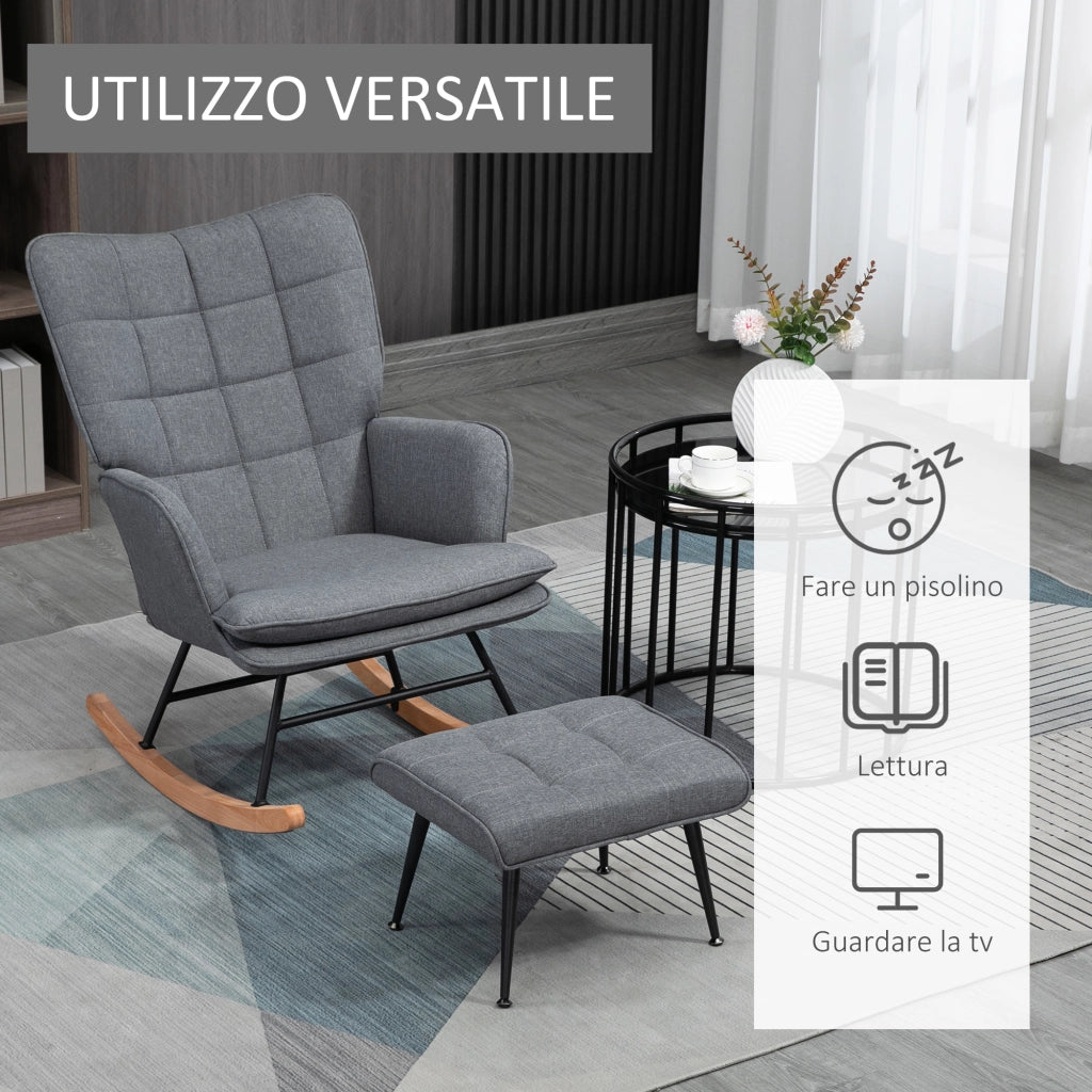 Sedia a Dondolo con Pouf con Cuscino e Braccioli in Tessuto Effetto Lino e Legno Grigio