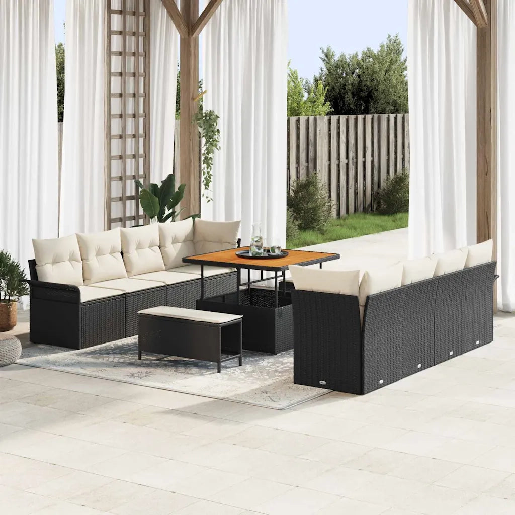 Set Divano da Giardino con cuscino 11 pcs Nero e Crema