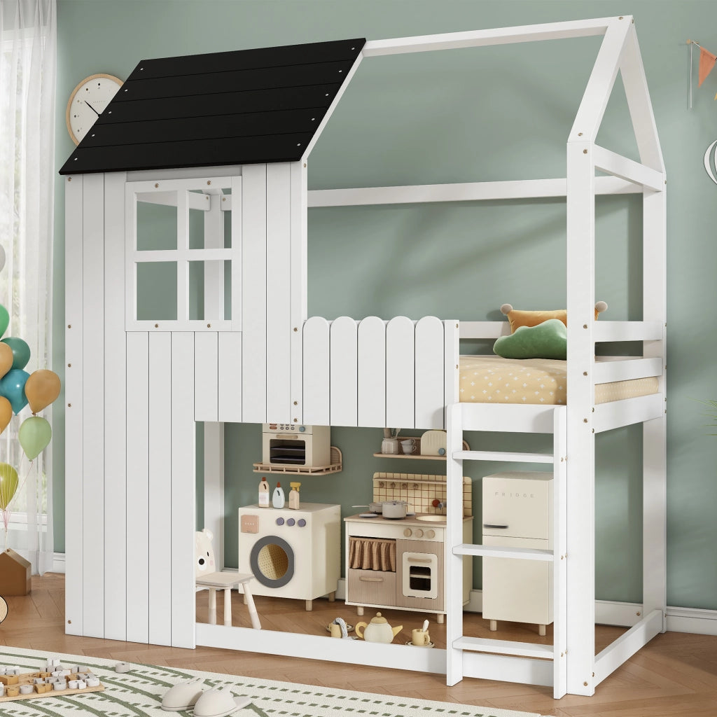 LETTO a soppalco per bambini 90x200 cm bianco e nero in pino e MDF