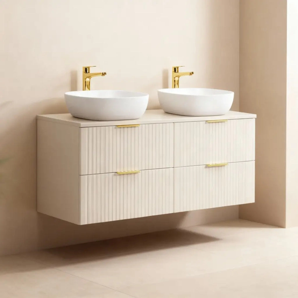 Set da bagno NOXERA 120 cm – Marrone Congo – piano per lavabo + 2 lavabi + 4 cassetti