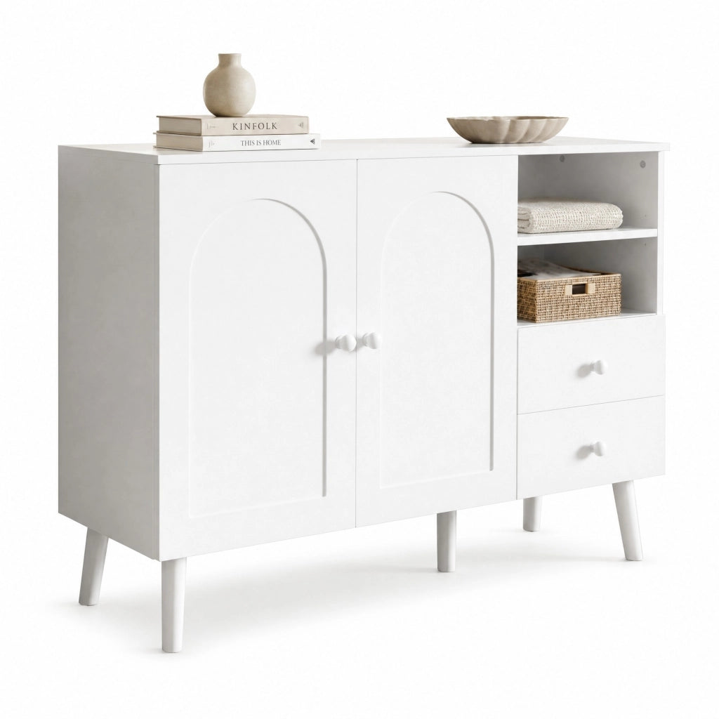 Credenza con 2 ante bombate; 2 cassetti e vani aperti rialzata in MDF e pannello truciolare bianca 118 × 35 × 82 cm