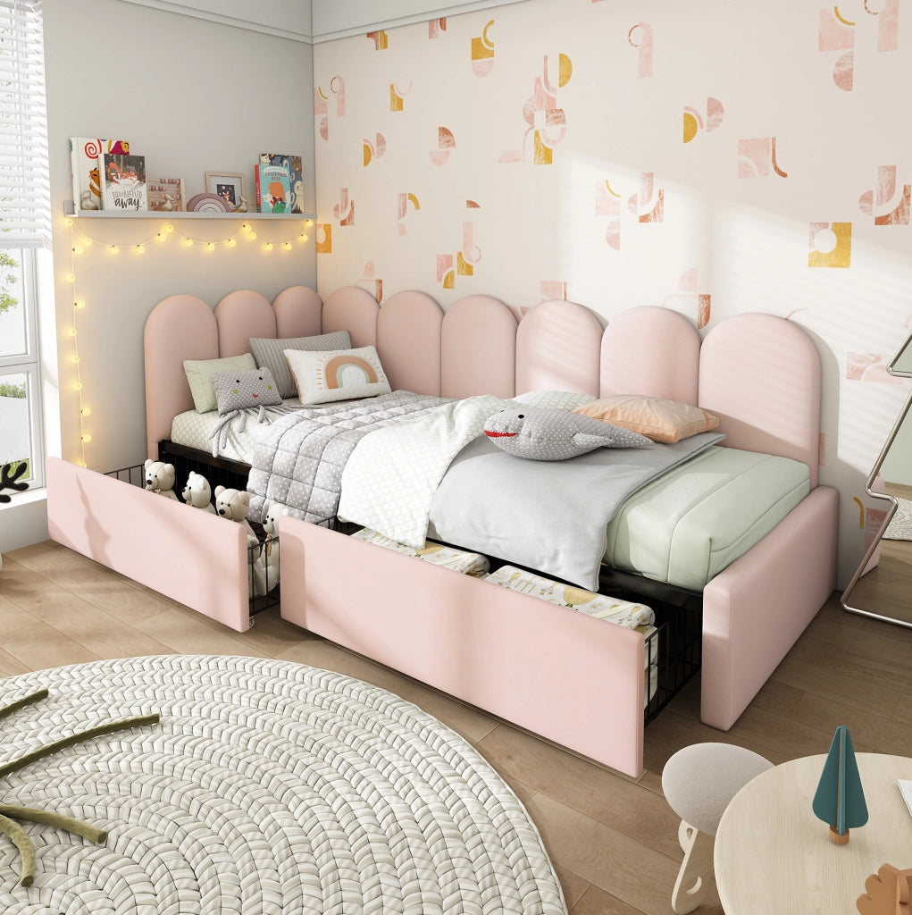Letto singolo daybed 90x190 cm con 2 cassetti; struttura a L in velluto rosa