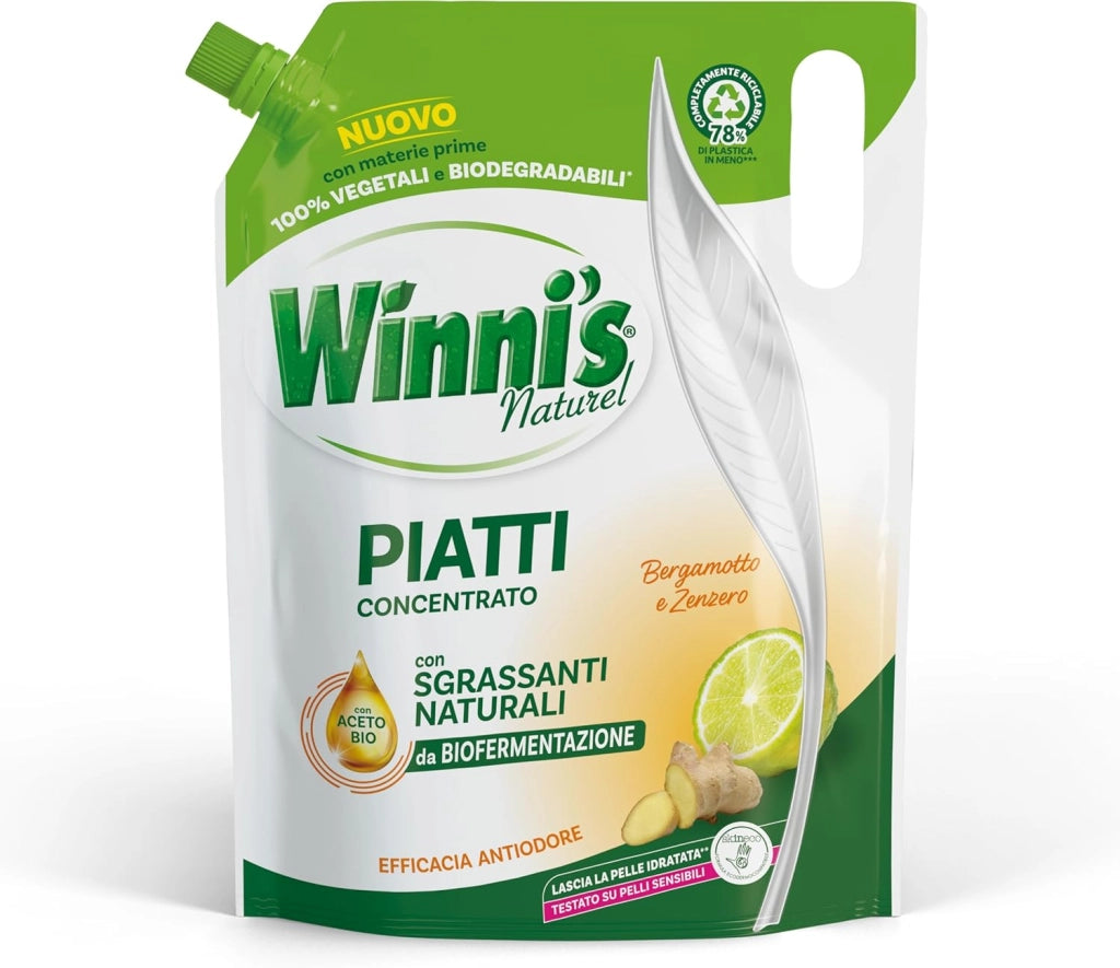 WINNI'S RICARICA SET 4 PEZZI DETERGENTE PIATTI DA 900 ML BERGAMOTTO E ZENZERO