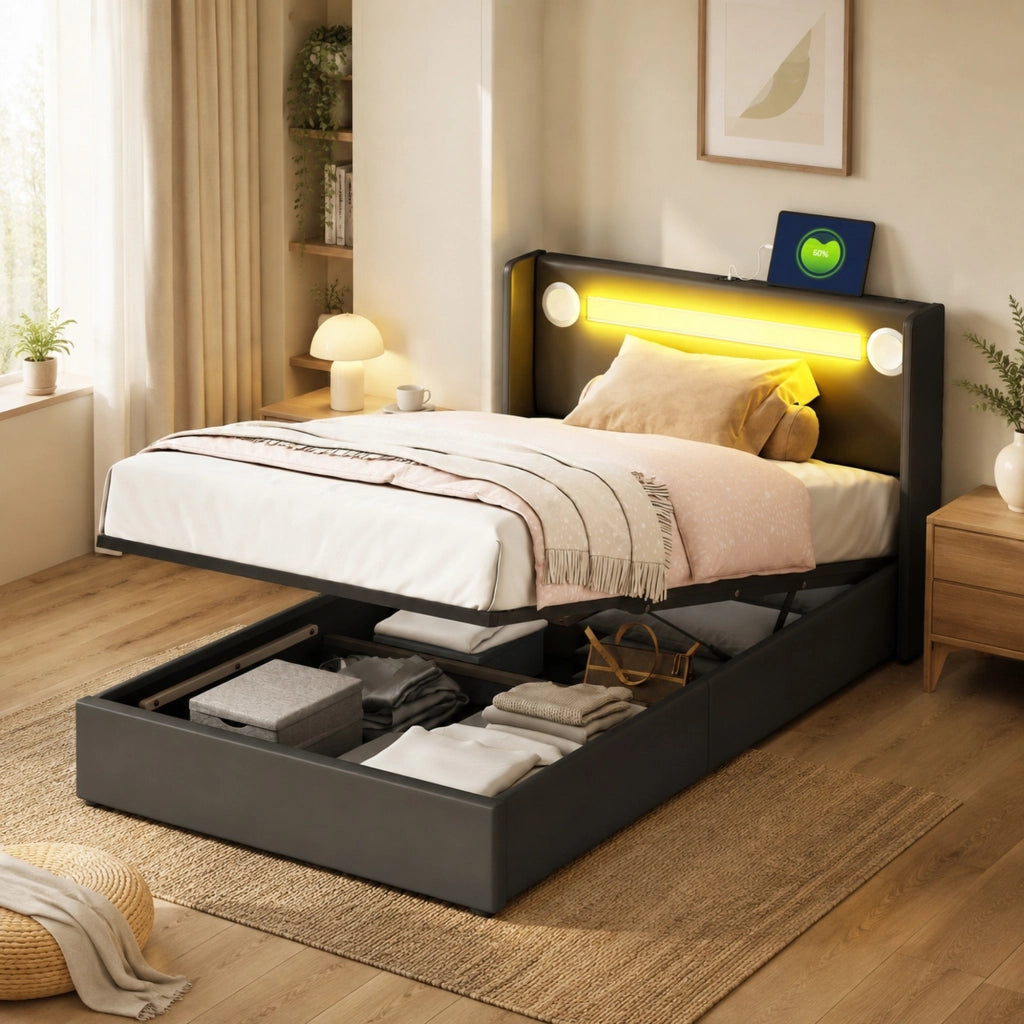 LETTO Bambini 90x200 cm in PU Nero con LED, Bluetooth e USB