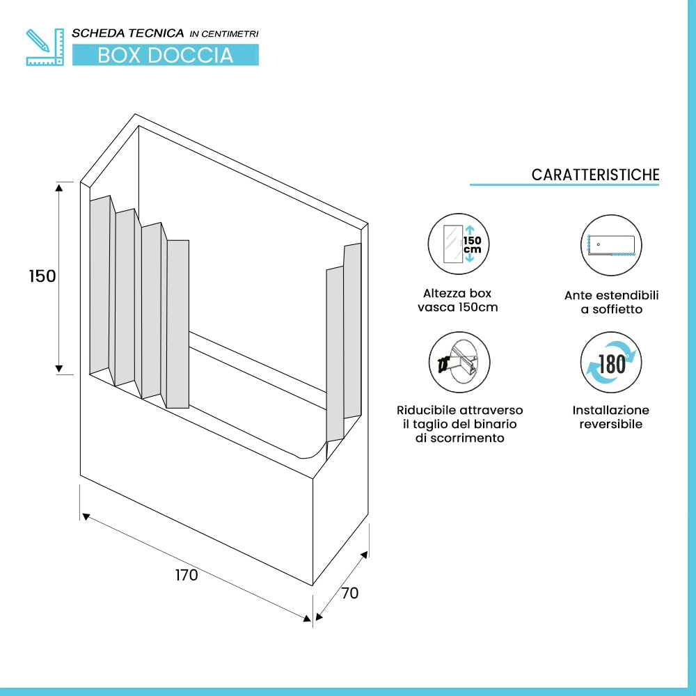 Box vasca angolare 70x170 a soffietto in PVC con apertura centrale Teti