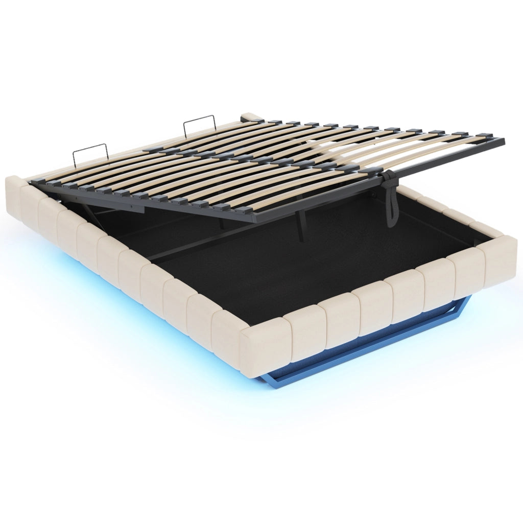 Letto imbottito 160x200 cm - Zephmum- Telaio idraulico con LED e spazio di archiviazione