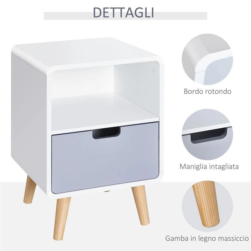 COMODINO CON CASSETTO IN LEGNO DI PINO 40X38X58 CM BIANCO E GRIGIO