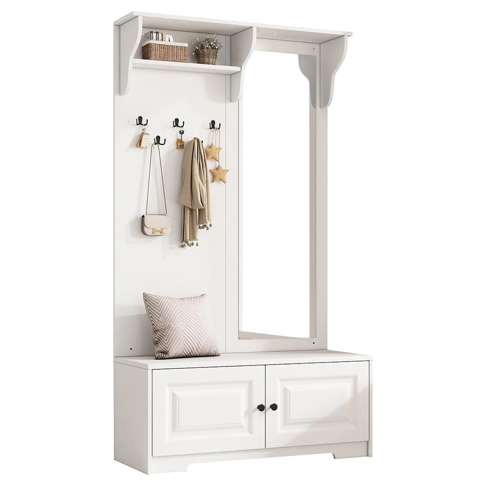 Appendiabiti con specchio 100x40x180 cm - Xylo - 5 ganci, 2 ante, ripiano scarpe, bianco