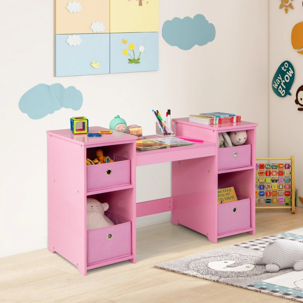 Set toeletta per bambini con specchio a 3 ante rimovibile e 4 cassetti in tessuto, Mobile da trucco per bambini Rosa
