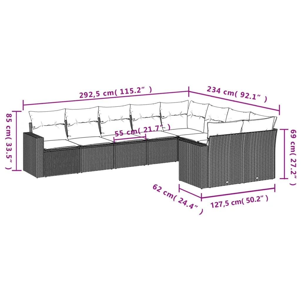Set Divano da Giardino 9 pz con Cuscini Beige in Polyrattan 3219428