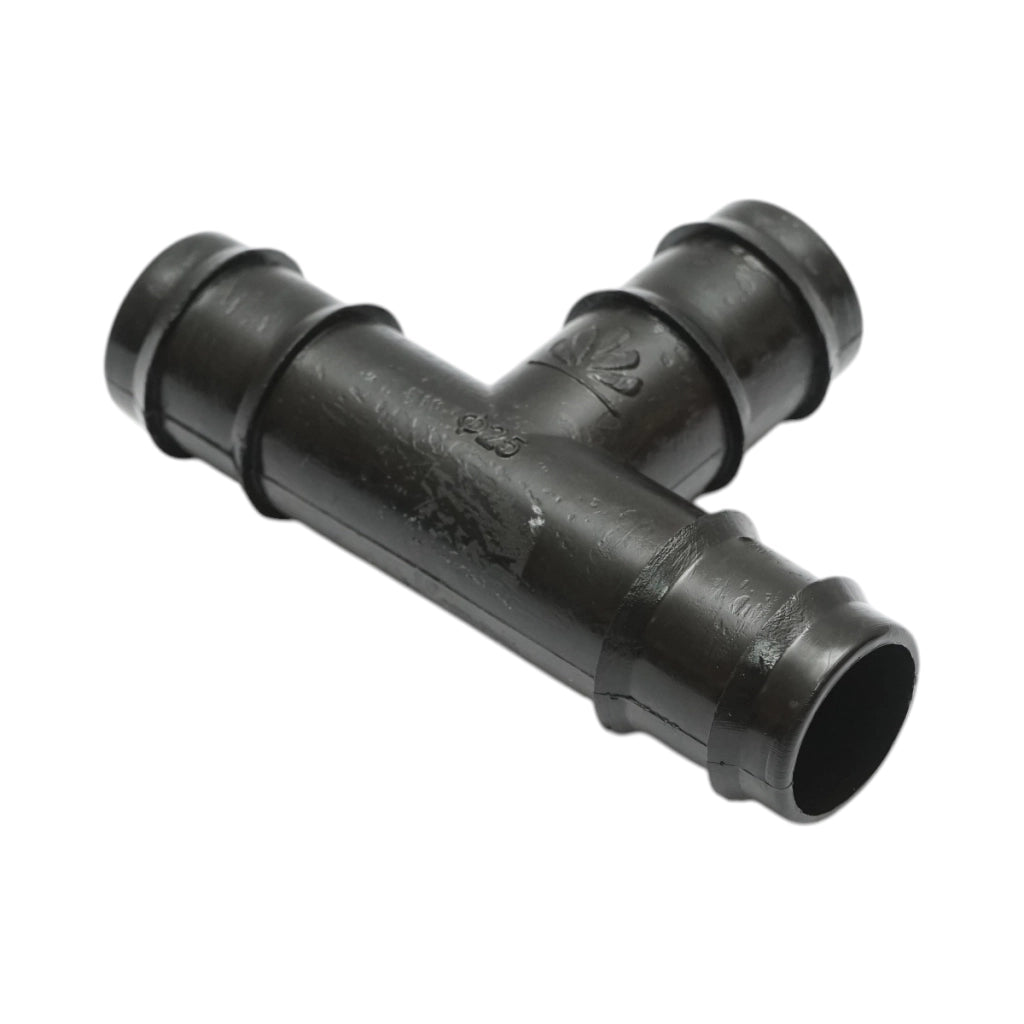 Raccordo a T con attacco uguale per tubo di irrigazione a goccia, 25x25x25 mm, per sistemi di irrigazione.