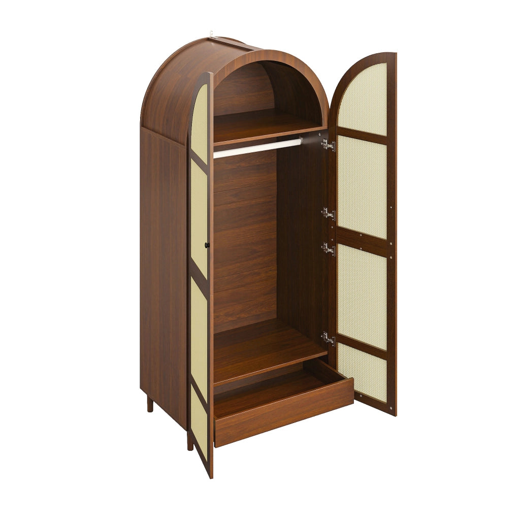 Armadio moderno con porte curve, barra appendiabiti e cassetti, colore noce