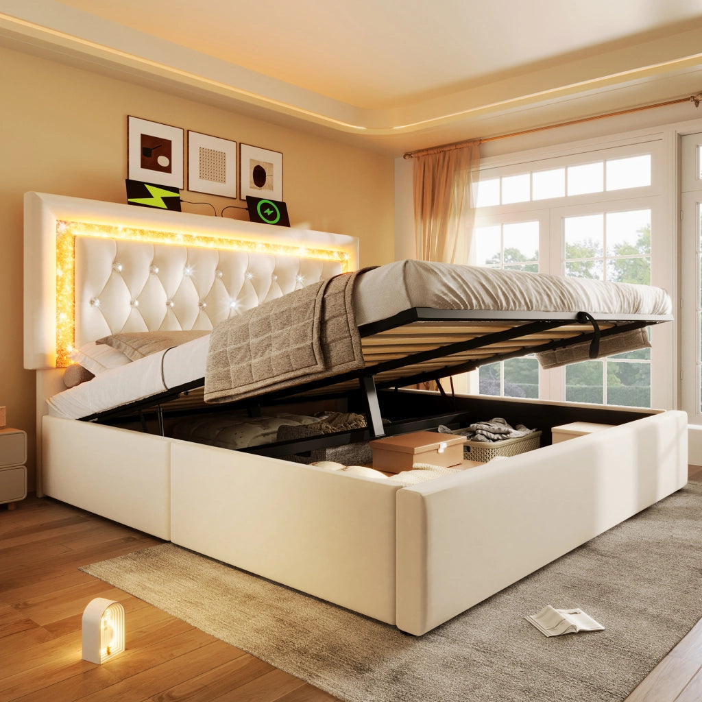 LETTO Contenitore 140x200 cm con LED USB Type-C in velluto beige